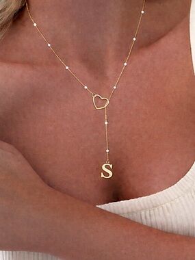 Initial S Heart Y Necklace | Pearl Beaded Lariat Minimalist Jewelry